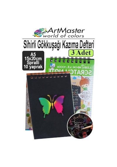Gökkuşağı Kazıma Defteri Sihirli A5 15x20 Cm 3 Paket 10 Sayfa Spiralli Scratch Note Spralli Siyah Sihirli Resim Defteri Siyah
