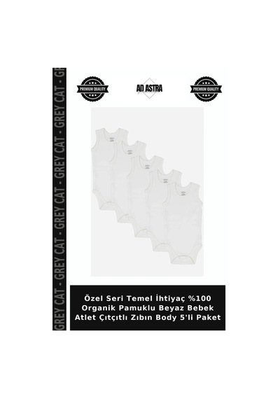 Grey Cat Özel Seri Temel İhtiyaç %100 Organik Pamuklu Beyaz Bebek Atlet Çıtçıtlı Zıbın Body 5'li Paket