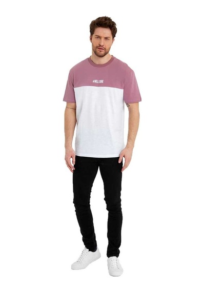 Erkek Bisiklet Yaka Blok Renkli Regular Fit Baskılı Tişört 001