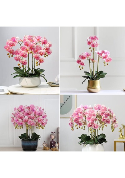 4lü Set Yapay Çiçek Pembe Açık Islak Orkide Ve 2 Adet Orkide Yaprağı Gerçeksi Doku Uzun Dal 90cm