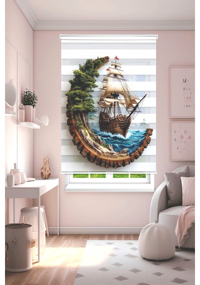 Perdeoutlet38 Baskılı Renkli Gemili Dijital Baskılı Zebra Perde-cocuk Odası-stor Perde Model:pz-5004 Çok Renkli
