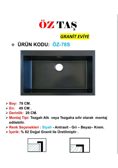 Öztaş ÖZ-78s Granit Mutfak Eviye Siyah Tek Gözlü 50 x 78 CM