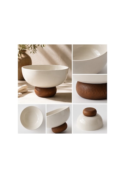 Ayaklı Seramik Salata Kasesi 19 Cm Ahşap Tabanlı Meyvelik Ve Servis - Sunum Kasesi Krem - 890571069