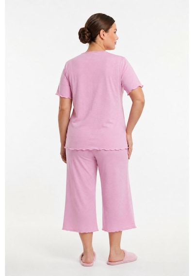 Kompedan Kadın Bambu Önü Düğmeli Yaka Dantelli Büyük Beden Kapri Pijama Takımı Pudra 1000-80