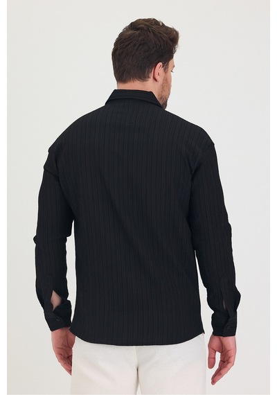 Tarz Cool Erkek Kendinden Çizgi Detaylı Slim Fit Dar Kalıp Uzun Kol Gömlek Siyah