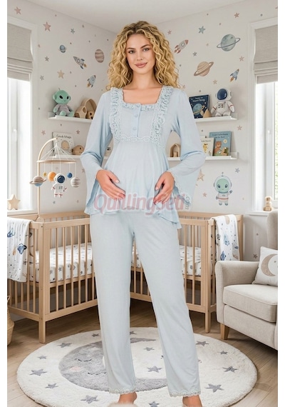 Lady Bebe Mavi Renkli, Dantel Detaylı, 33205 Uzun Kol, 2 Parça Lohusa Hamile Pijama Takımı Açık Mavi