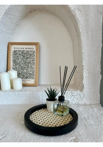 Rattan Hazeran Yuvarlak Tepsi Siyah Tüm Boy 24 Cm %100 Doğal Hazeran