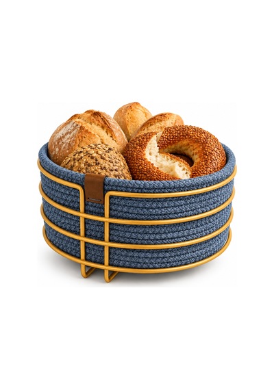 Mat Gold Yuvarlak Ekmek Sepeti, Ekmeklik Sunum Sepeti, Turkuaz Makrome Çok Amaçlı Paslanmaz Metal Çok Renkli
