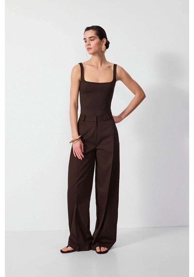 Vatkalı Pileli Wide Leg Pantolon-16651 Kahverengi