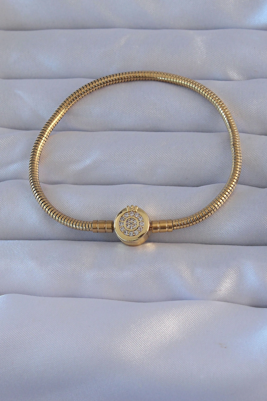 Pirinç Gold Renk Zirkon Taşlı Charm Bileklik Çelik