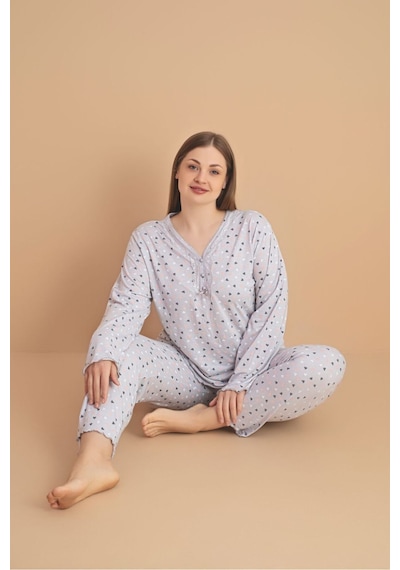 Eyfuze Kadın Büyük Beden Desenli Yakası Düğmeli Uzun Kollu Bambu Pijama Takımı Açık Pudra Eyfuze Kadın Büyük Beden Desenli Yakası Düğmeli Uzun Kollu Bambu Pijama Takımı Açık Pudra