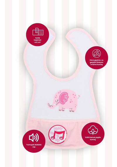 Düdüklü Cepli Sıvama Mama Önlüğü - Mutlu Fil Pembe Bebek Önlüğü Açık Pembe