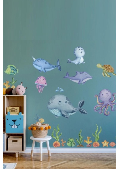 MSticker Eğitici Sevimli Deniz Hayvanları Ve Bitkiler Sticker Seti Büyük Boy