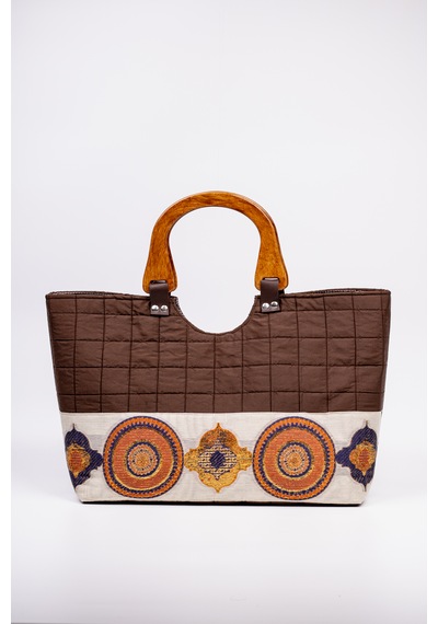 Fabric Craft Bag Ahşap Saplı El Çantası Kahverengi Kapitone 46x30 Cm Kahverengi