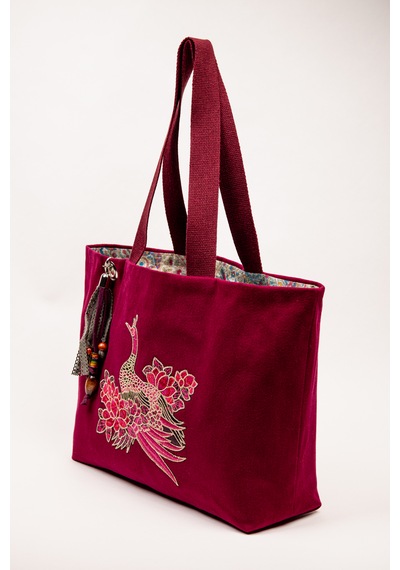 Fabric Craft Bag Omuz Çantası Kumaş Hint Nakışlı Vişne Renkli Astarlı Vişne Çürüğü