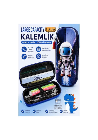 Astronot Kabartmalı Bölmeli Kalemlik 1 Adet P-5953 Erkek Çocuk Okul Kalem Kutusu 3 Boyutlu Uzay Karikatür Hediyelik Turuncu