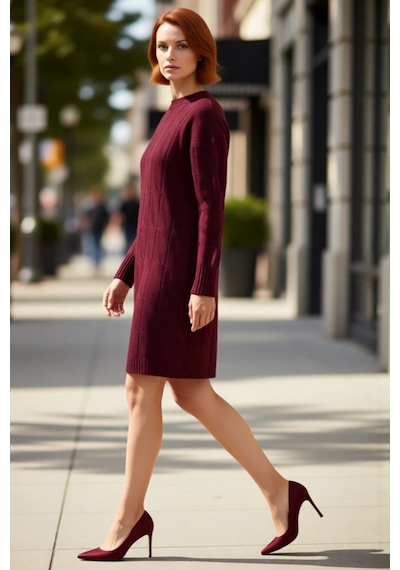 Ersefa Moda Oversize Casual Günlük Çift Plaka Triko Bisiklet Yaka Uzun K Bordo