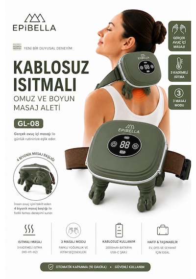 Gl-08 Krem Kablosuz Isıtmalı Boyun Ve Omuz Masaj Aleti Şarjlı Derin Yoğurma Masaj Cihazı 3 Kademeli Yeşil