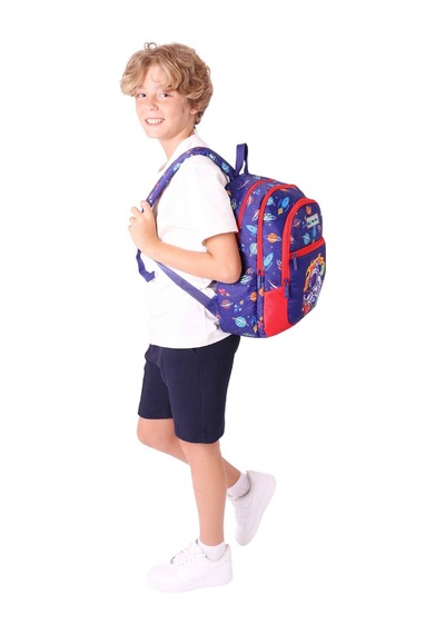 Kauıkko Kids Lacivert Kırmızı Astronot Baskılı Erkek Çocuk Okul Çantası - L5267 - Dört Gözlü Lacivert - Kırmızı
