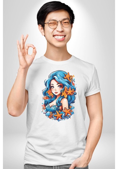 Deniz Kızı Deniz Yıldızı Mavi Saçlı Unisex Unisex Beyaz Organik Baskılı T-shirt Penye Yüksek Kalite Beyaz