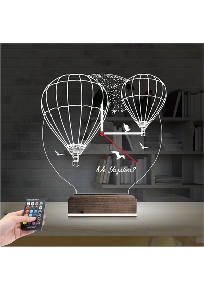 Luvivia Balon Kuş Kişiye Özel Saatli 3d Lamba - Masa Gece Lambası