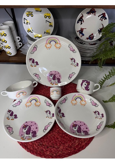 7 Parça Pembe Unicorn Model Çocuk Bebek Yemek Takımı Beslenme Seti Çok Renkli