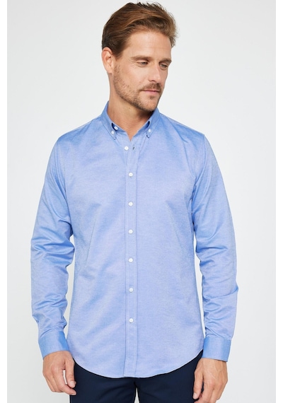 Tudors Erkek Slim Fit Dar Kesim Uzun Kollu Pamuklu Oxford Doku Kolay Ütülenebilir Mavi Düğmeli Yaka Gömlek-31027-mavi Mavi