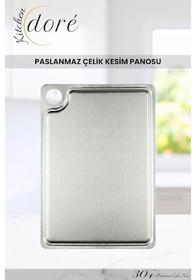 Kitchendore Paslanmaz Çelik Kesme Tahtası, 304 Çelik, Antibakteriyel Yüzey, Kaydırmaz Taban Sistemi, Özel Kanal Ya Diğer