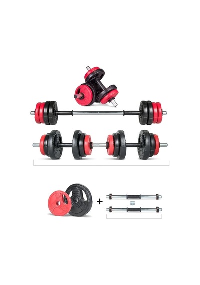 Spor Yıldız Serisi 12 Kg Multifonksiyonel Kırmızı Siyah Halter Seti Ve Dambıl Seti