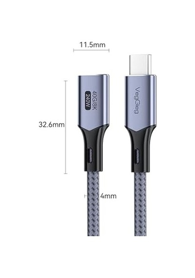 Usb 4.0 E-mark 240w 40gbps Thunderbolt 4 8k 60hz Type-c Uzatma Kablosu 1 Metre