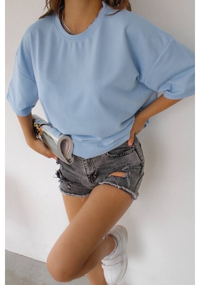 Düz Basic T-shirt - Bebe Mavisi Oversize Bisiklet Yaka Kısa Kol Tişört Bebe Mavi
