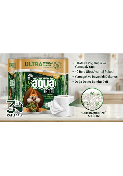 Aqua Bambu Tuvalet Kağıdı, 3 Katlı, 40 Rulo, %100 Selüloz Bambu Özlü Yumuşak Ve Dayanıklı