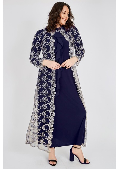 Ladies First Büyük Beden 3408 Lacivert Dantelli Abiye Elbise 001
