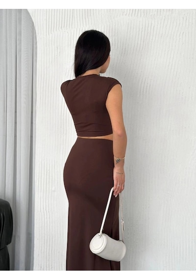 Freedom Store Osy Modal Yumuşak Dokulu Kumaş Büzgülü Crop Etek Takım -kahverengi