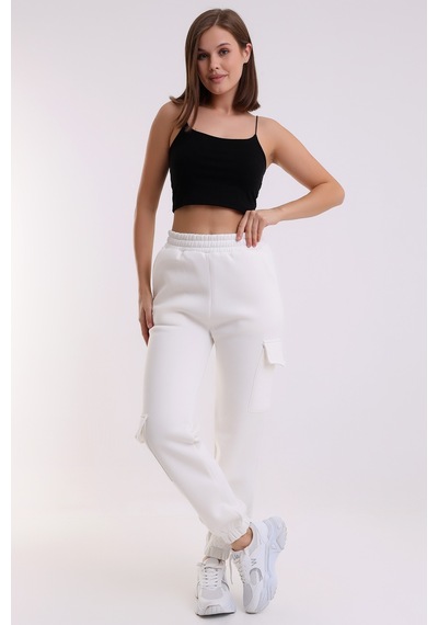 Winmoda34 Kadın Jogger Kalın 3 İplik Yandan Cepli Kargo Eşofman Altı Ekru