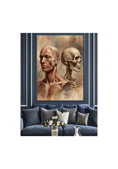 Anatomik İnsan Ve İskelet Portresi Yağlı Boya Dokulu Kanvas Tablo Canvas Tablosu