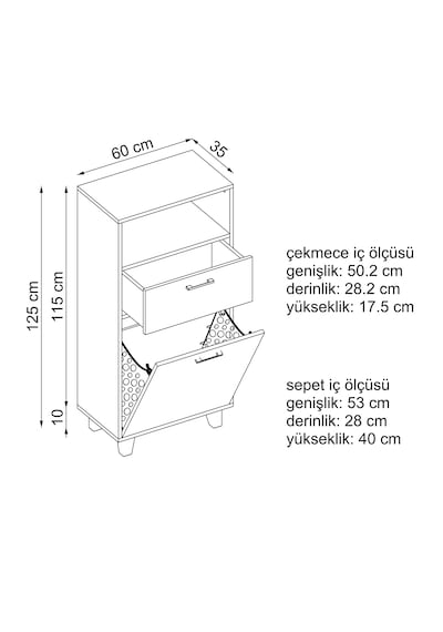 Çamaşır Sepetli Banyo Dolabı, Çok Amaçlı Çekmeceli Dolap 60 Cm Kül Gri