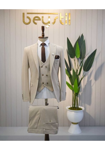 Beystil Sivri Yaka Krem Takım Elbise Elanor- Slim Fit Ekru