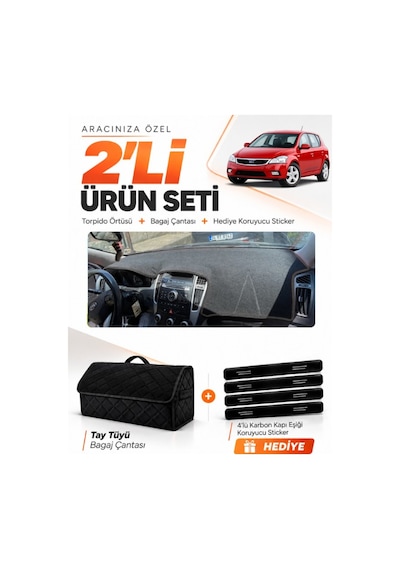 Kia Ceed 2006-2012 Uyumlu Torpido Örtüsü + Tay Tüyü Bagaj Çantası + Sticker Seti - Siyah