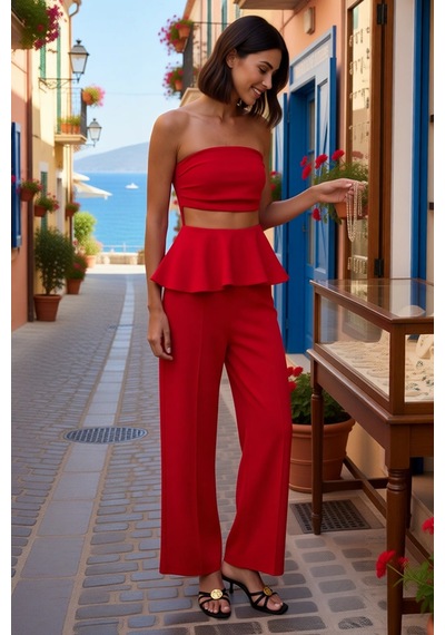 Benerly Kadın Straplez Peplum Detaylı Geniş Paça Uzun Örme Takım Soft Tou Kırmızı