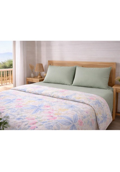 Faralya Life Baskılı Çift Kişilik Pike Takımı 200x220 Cm Pike 240x260 Çarşaf 2 Adet 50x70 Yastık Kılıfı %100 Pamuk Yumuşak Dokulu Yatak Örtüsü Seti Yeşil 