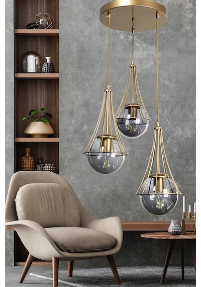 Begüsa Lapis 3.lü Eskitme Füme Camlı Avize