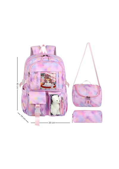 Kawaii Kore Tarzı Pembe Twil Kumaş Desenli Sırt Çantası,beslenme Çantası Ve Kalemlikli Üçlü Set