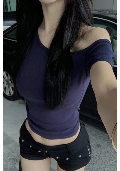 Lacivert Kadın Düşük Omuz Kayık Yaka Dar/slim Likralı T-shirt Lacivert