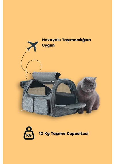 Tr Mereng - 4 Pencereli Oxford Kedi Taşıma Çantası Gri