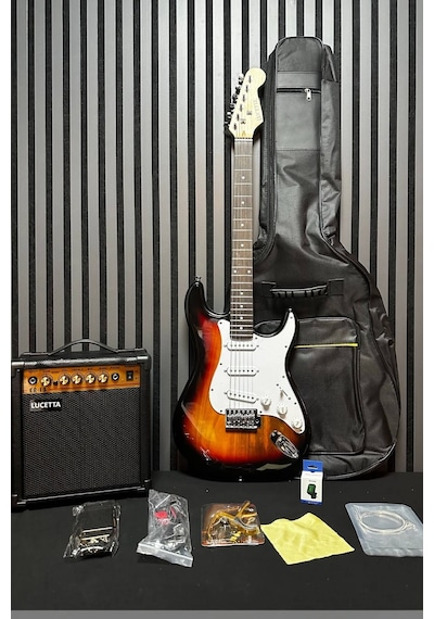 Sunburst Elektro Gitar Set Sss Manyetiki Gitar-amfi-askı-kapo-tuner-kılıf-kablo-pena-yedek Takım Tel