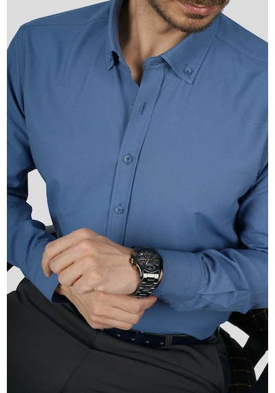 İndigo Yaka Düğmeli Premium Şamre Slimfit Erkek Gömlek Indigo