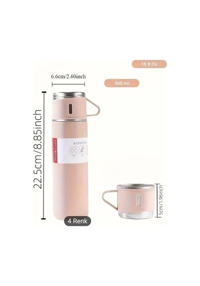 Termos Seti, Paslanmaz Çelik Termos 500ml, 2 Fincan İle, Seyahat Seti, Pembe