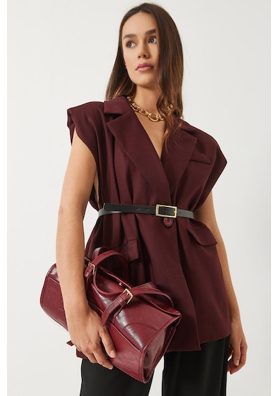 Shade Kadın Cep Detaylı Kemerli Vatkalı Oversize Astarlı Blazer Yelek 11143 60281003 - Bordo
