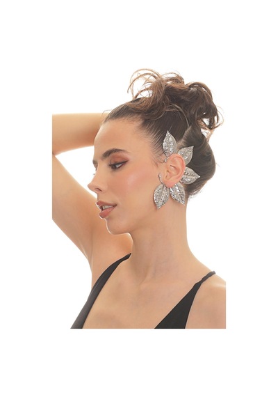Kadın Gümüş Renk Lak Kaplama Zirkon Taşlı Dokulu Yaprak Stilizesi Sol Kulak Earcuff&kıkırdak Küpe Çok Renkli